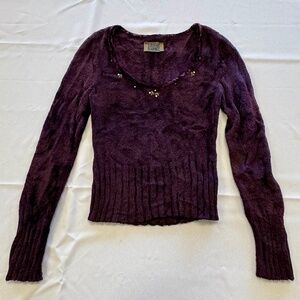 Lianne Barnes Eggplant Sweater Floral Beading Vintage 90s Y2K Size S